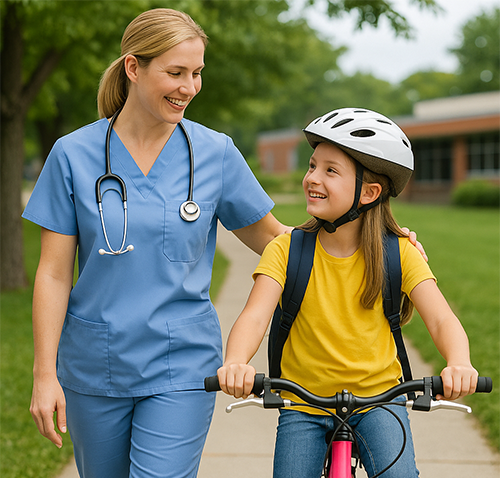 Image showing School-based category worker with a child on a bicycle